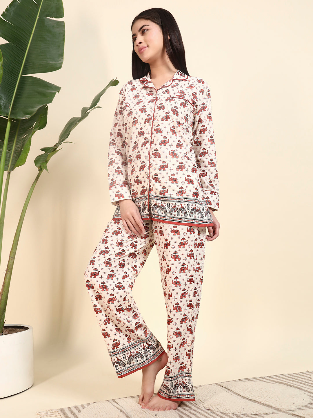 🤍 Women Elephant Printed Cotton Night Suit Set – White Ethnic Sleepwear