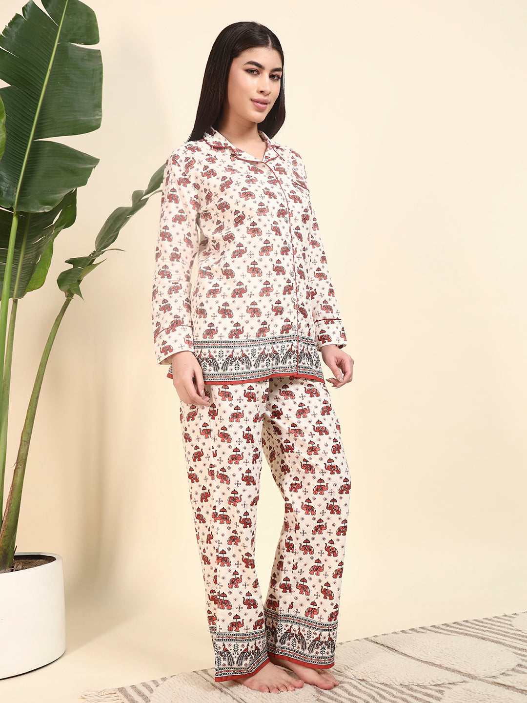 🤍 Women Elephant Printed Cotton Night Suit Set – White Ethnic Sleepwear