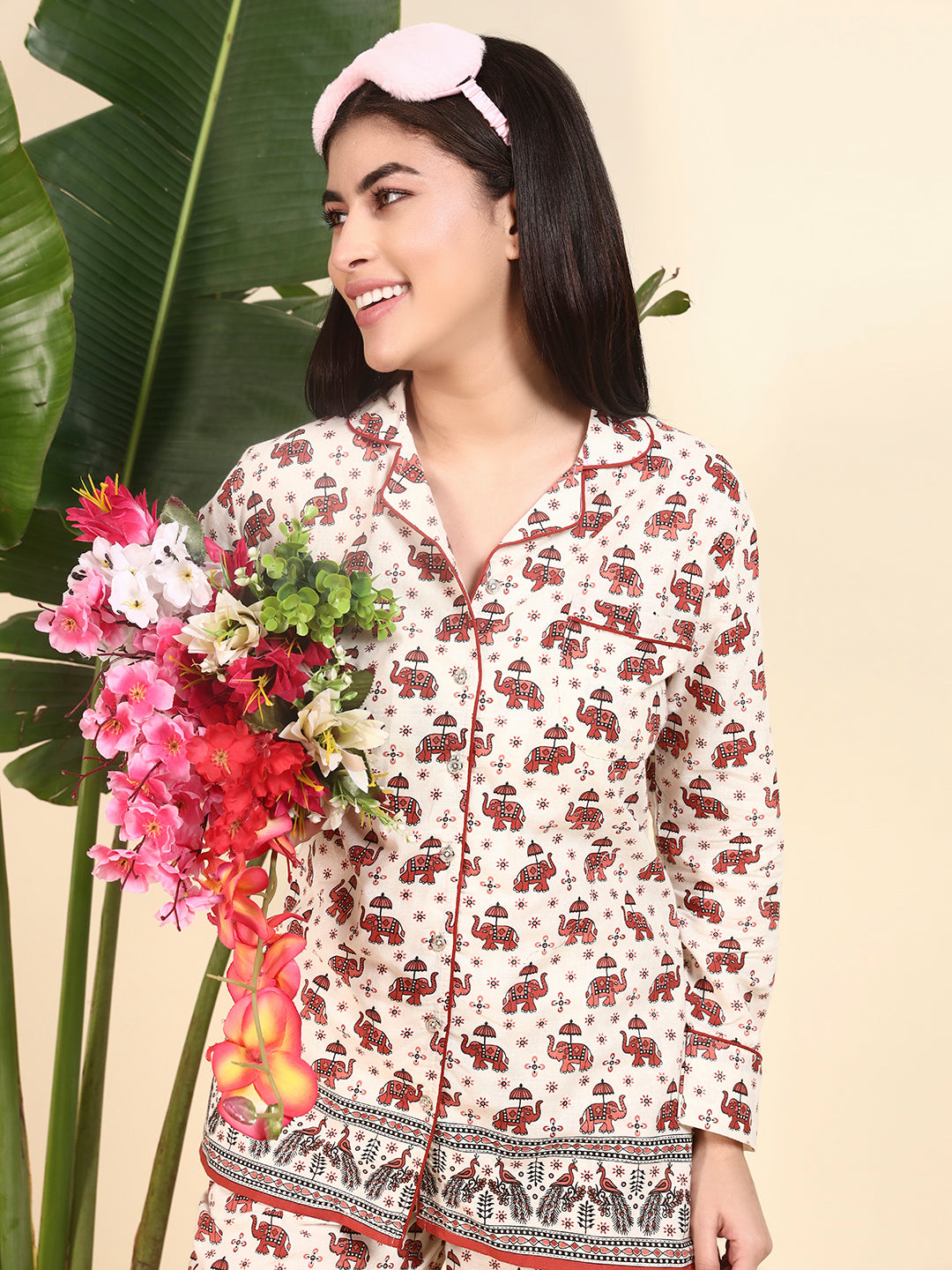 🤍 Women Elephant Printed Cotton Night Suit Set – White Ethnic Sleepwear