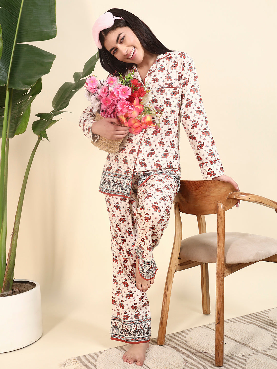 🤍 Women Elephant Printed Cotton Night Suit Set – White Ethnic Sleepwear