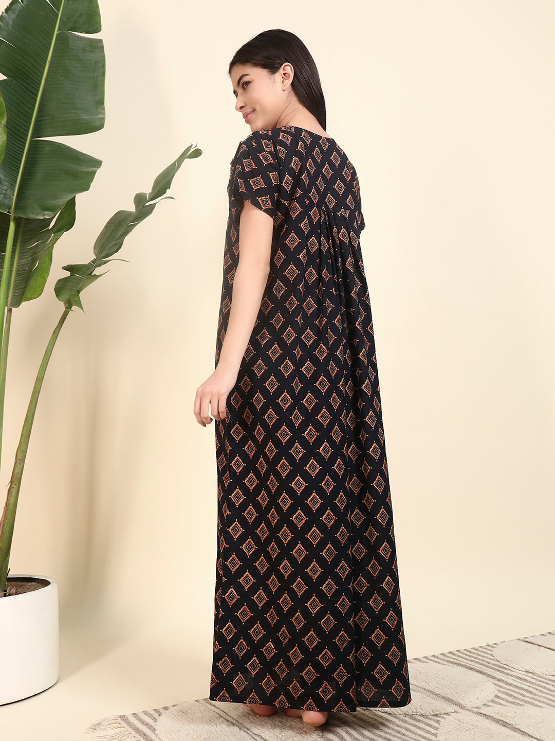 Black Printed With Lace Yoke Cotton Night Gown For Women