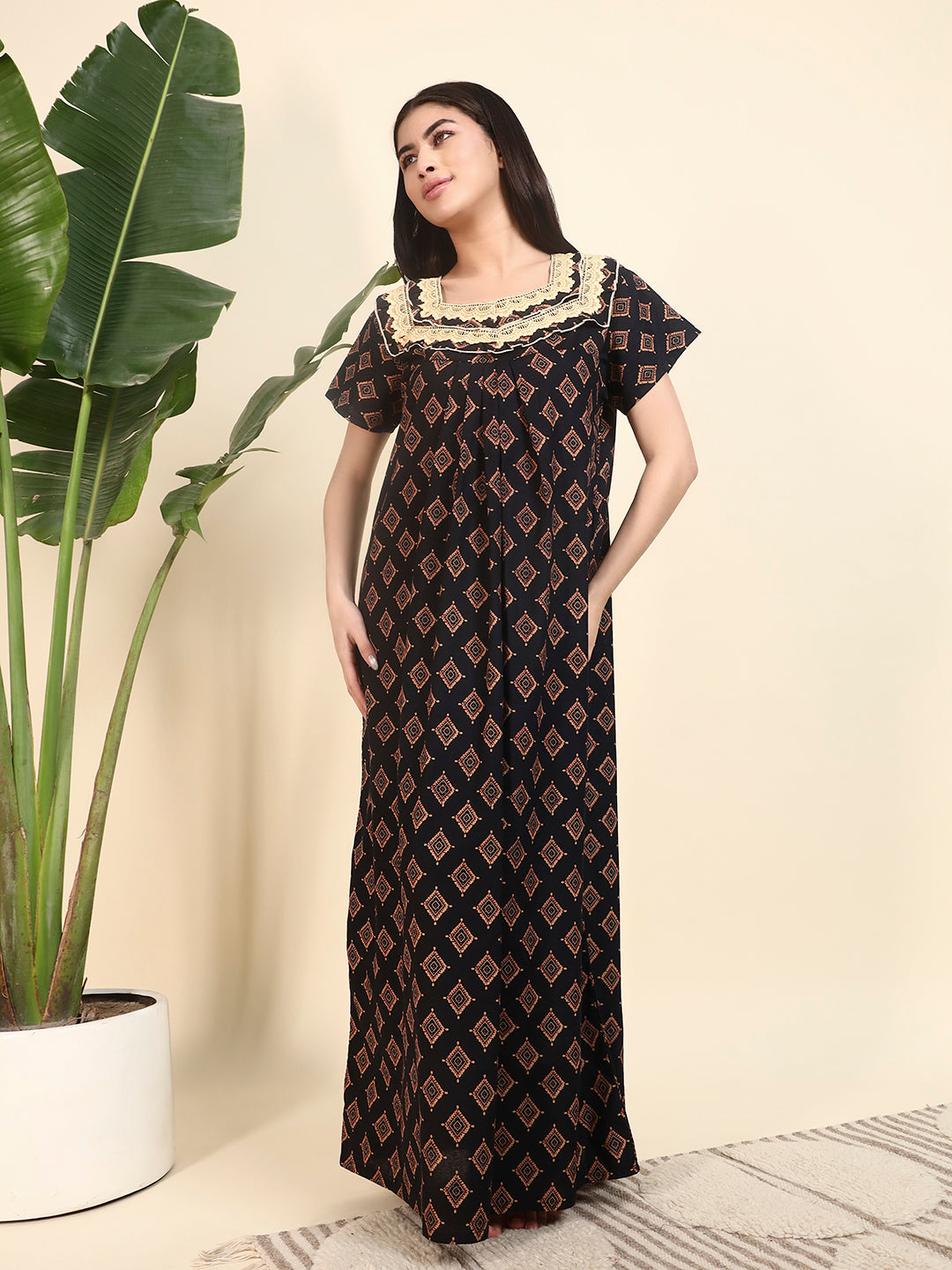 Black Printed With Lace Yoke Cotton Night Gown For Women