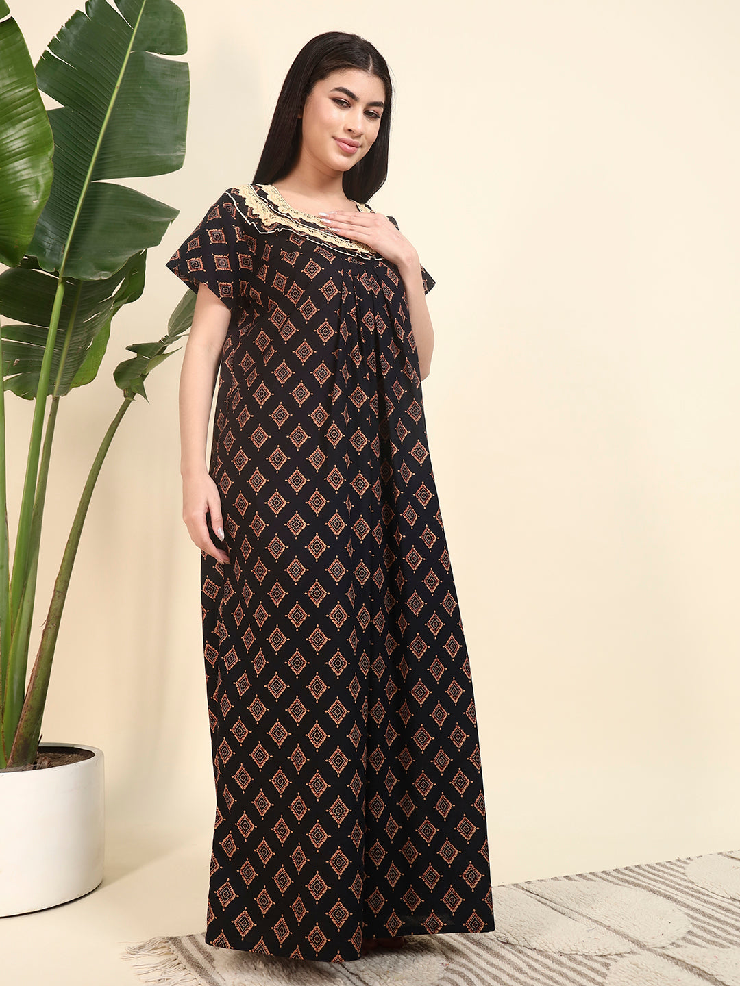 Black Printed With Lace Yoke Cotton Night Gown For Women