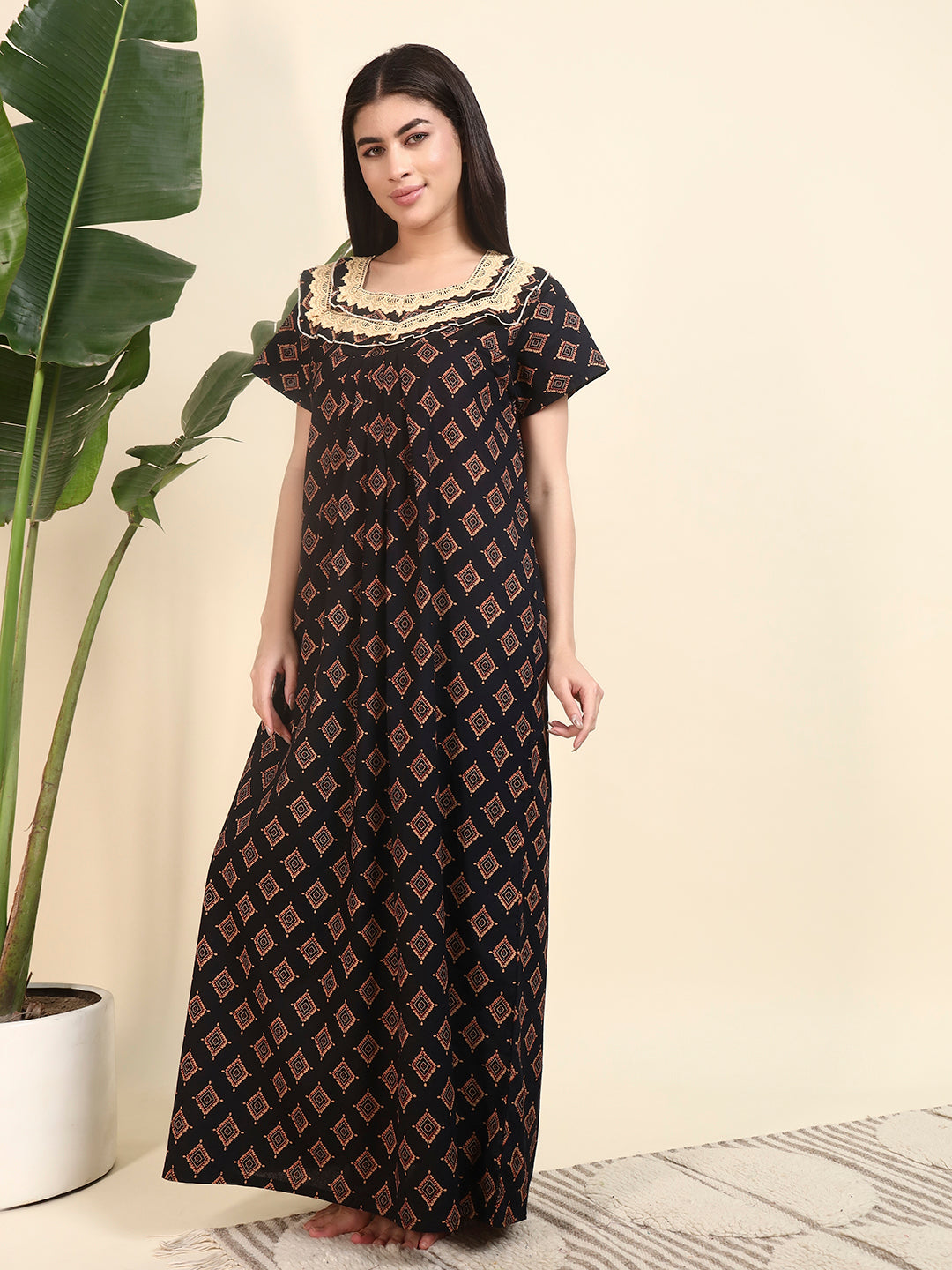 Black Printed With Lace Yoke Cotton Night Gown For Women
