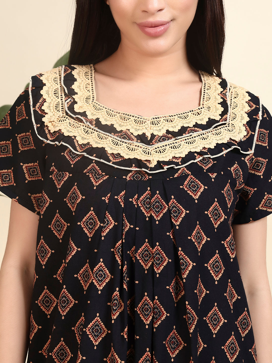 Black Printed With Lace Yoke Cotton Night Gown For Women