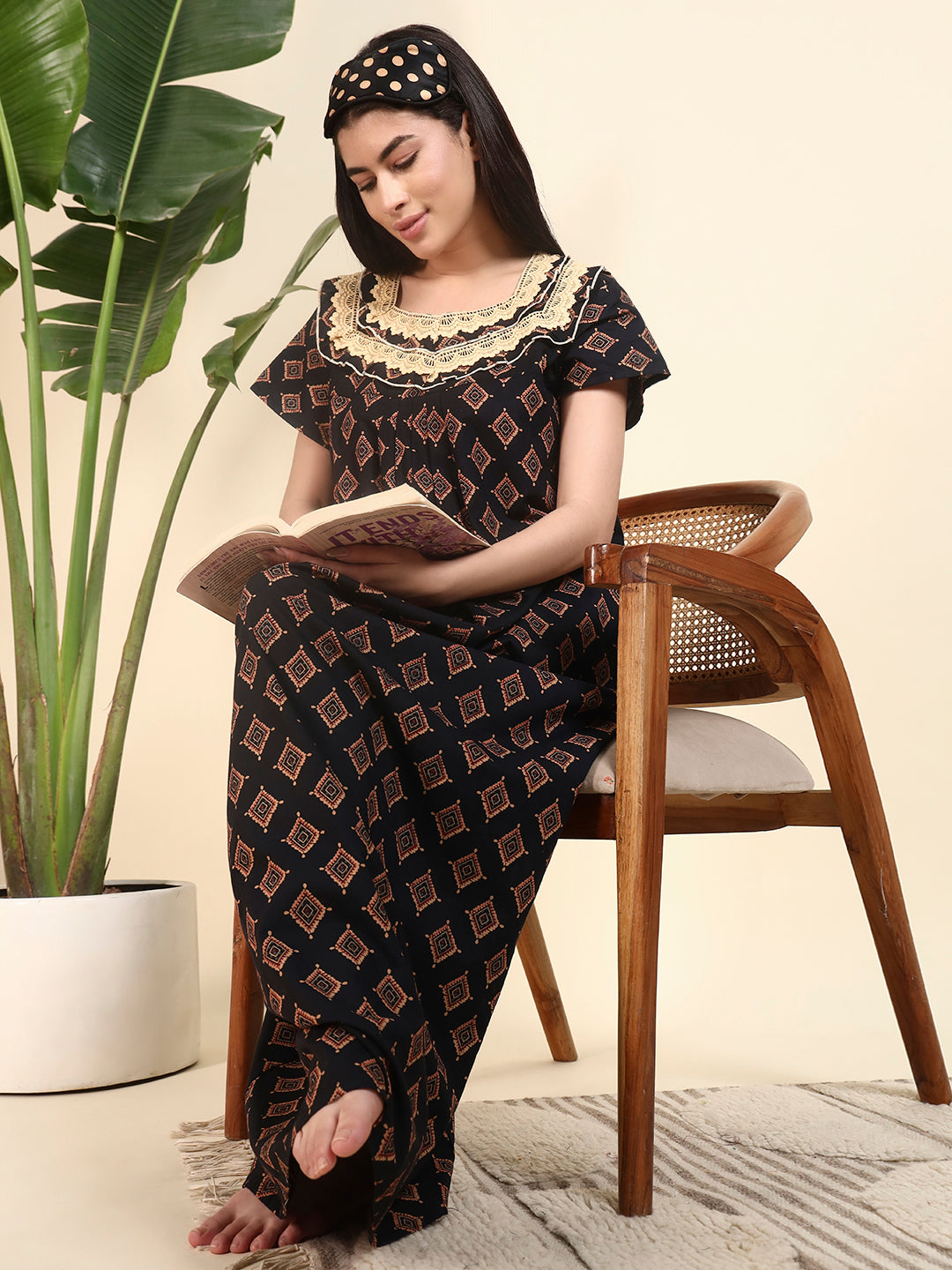 Black Printed With Lace Yoke Cotton Night Gown For Women