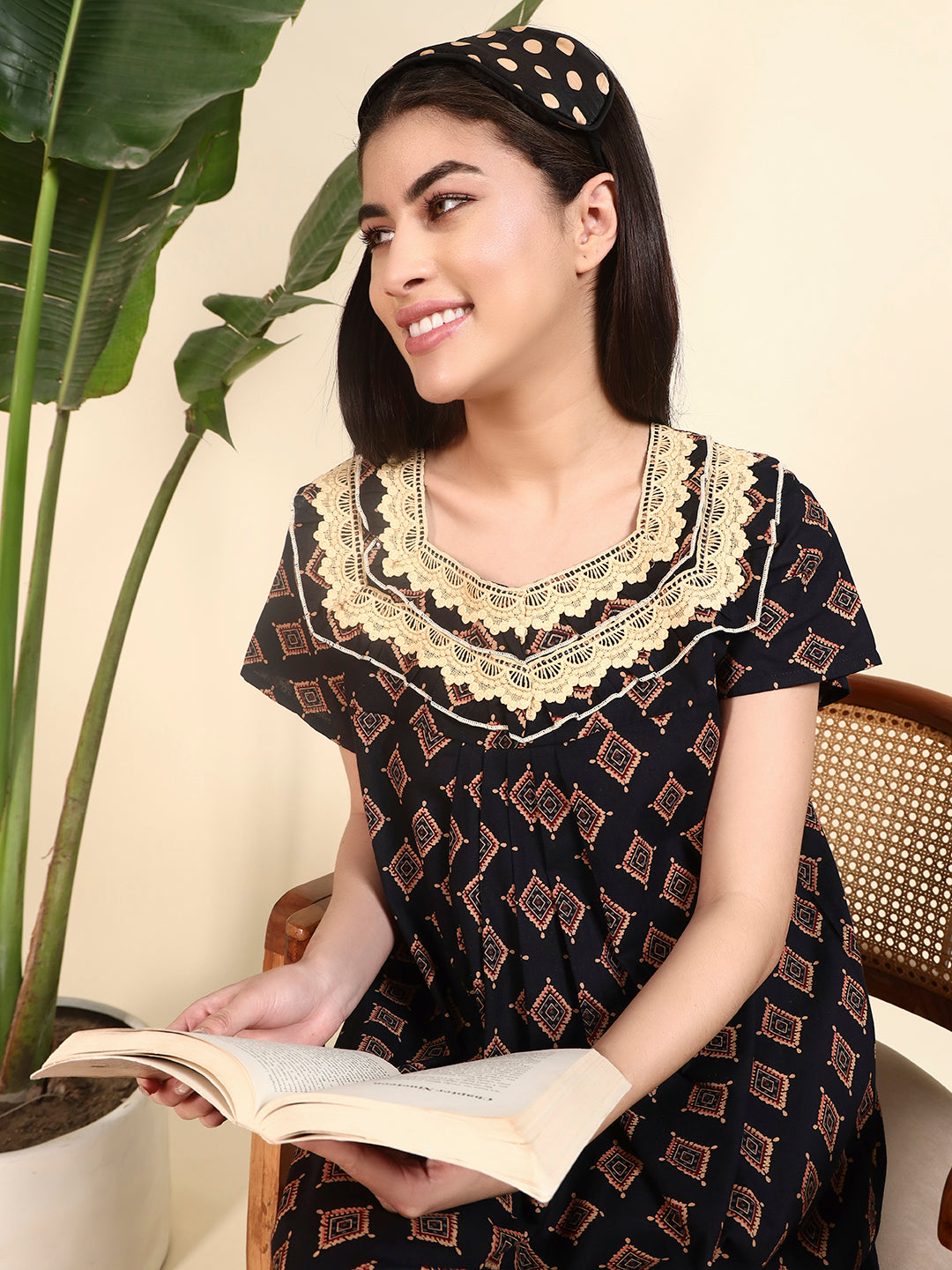 Black Printed With Lace Yoke Cotton Night Gown For Women