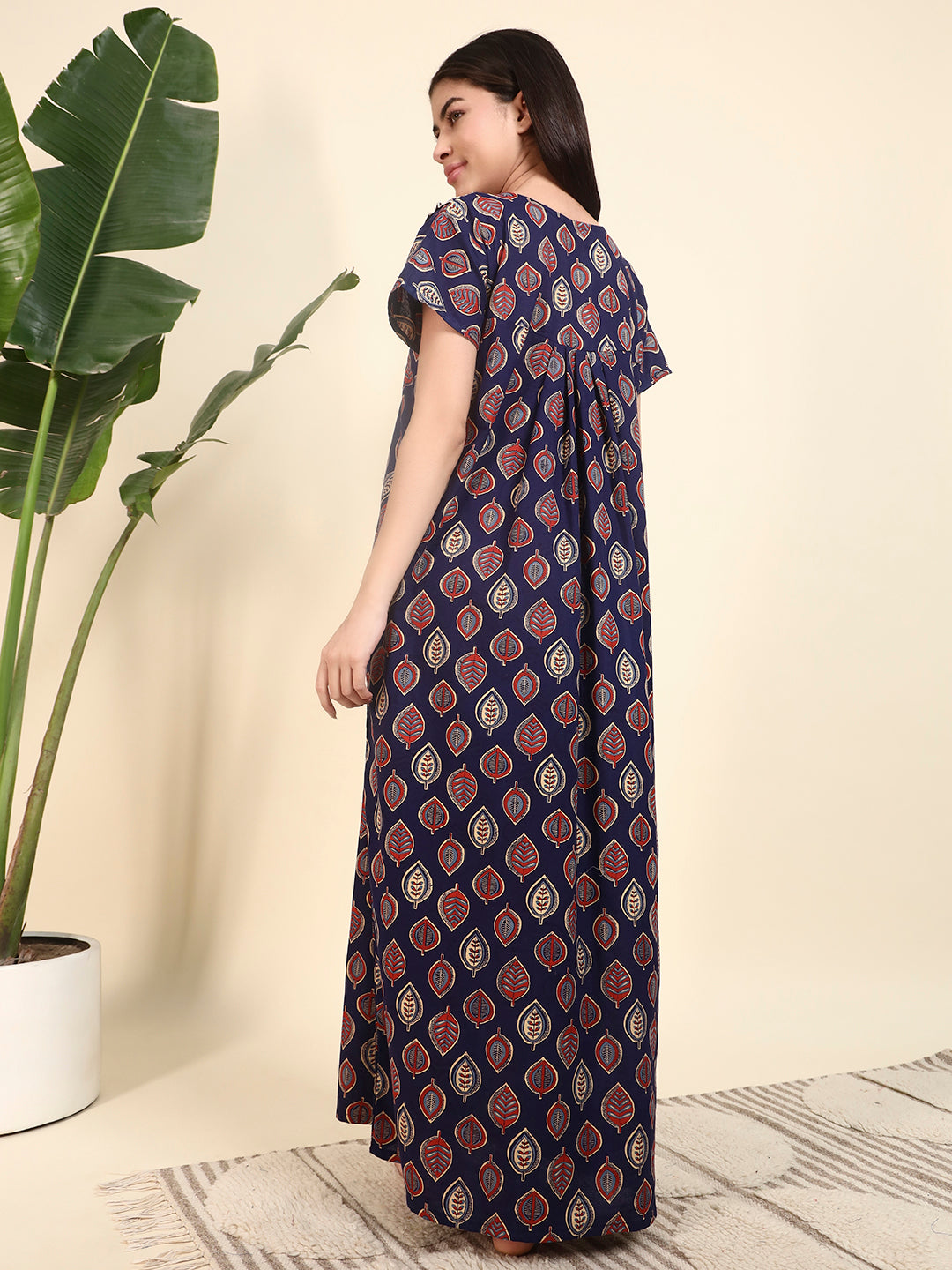 🌿 Navy Blue Printed Night Gown with Lace Yoke – Stylish & Comfortable Nightwear