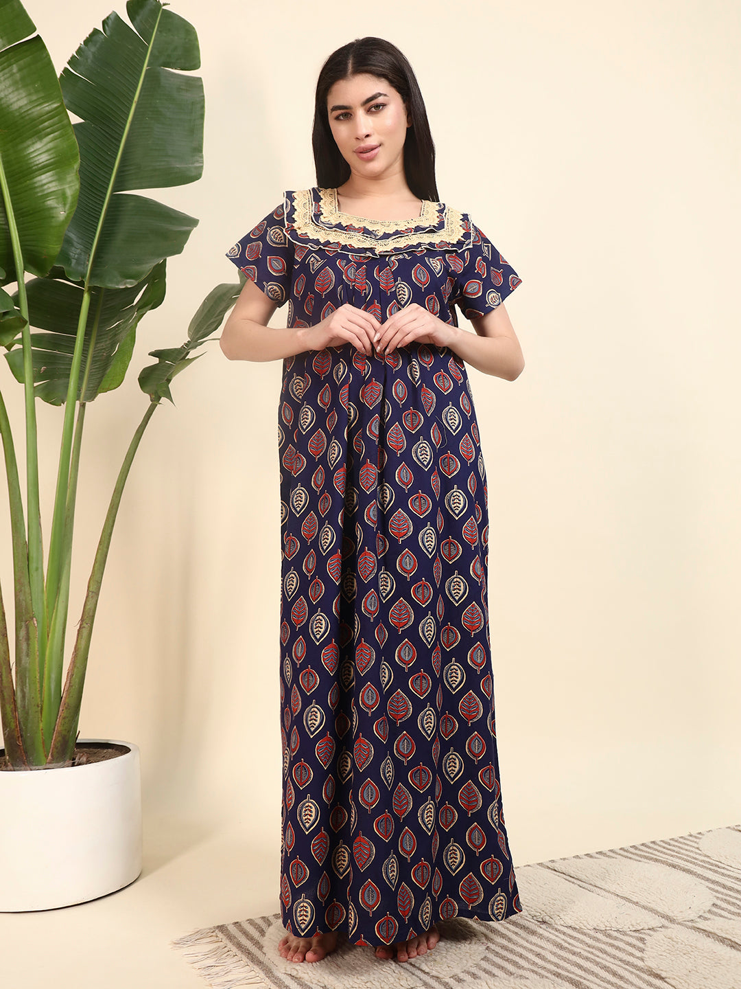🌿 Navy Blue Printed Night Gown with Lace Yoke – Stylish & Comfortable Nightwear