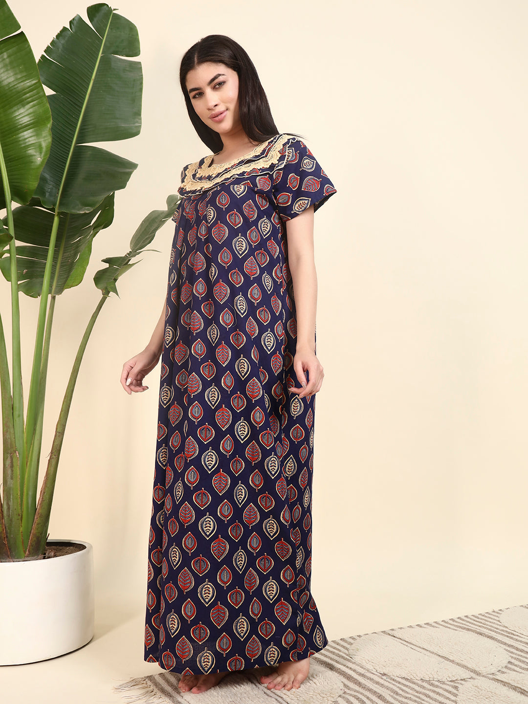 🌿 Navy Blue Printed Night Gown with Lace Yoke – Stylish & Comfortable Nightwear