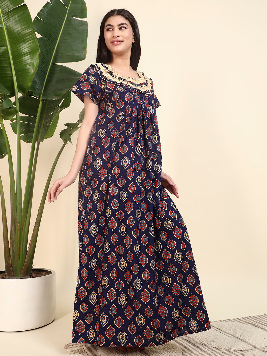 🌿 Navy Blue Printed Night Gown with Lace Yoke – Stylish & Comfortable Nightwear