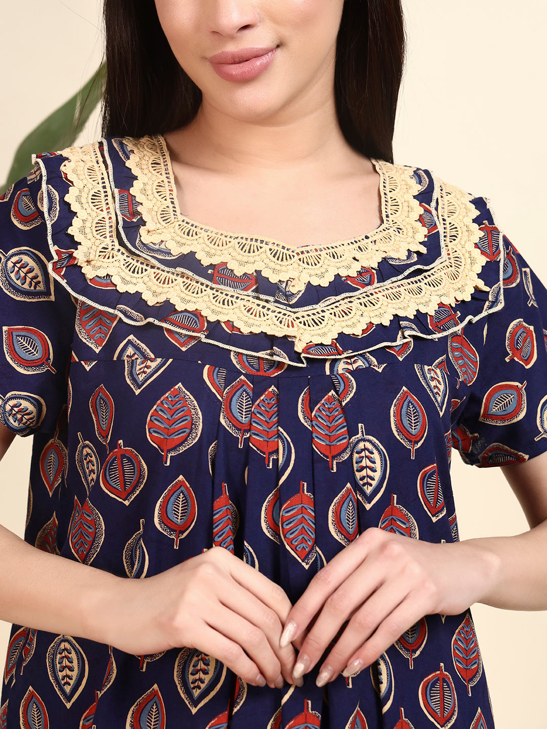 🌿 Navy Blue Printed Night Gown with Lace Yoke – Stylish & Comfortable Nightwear