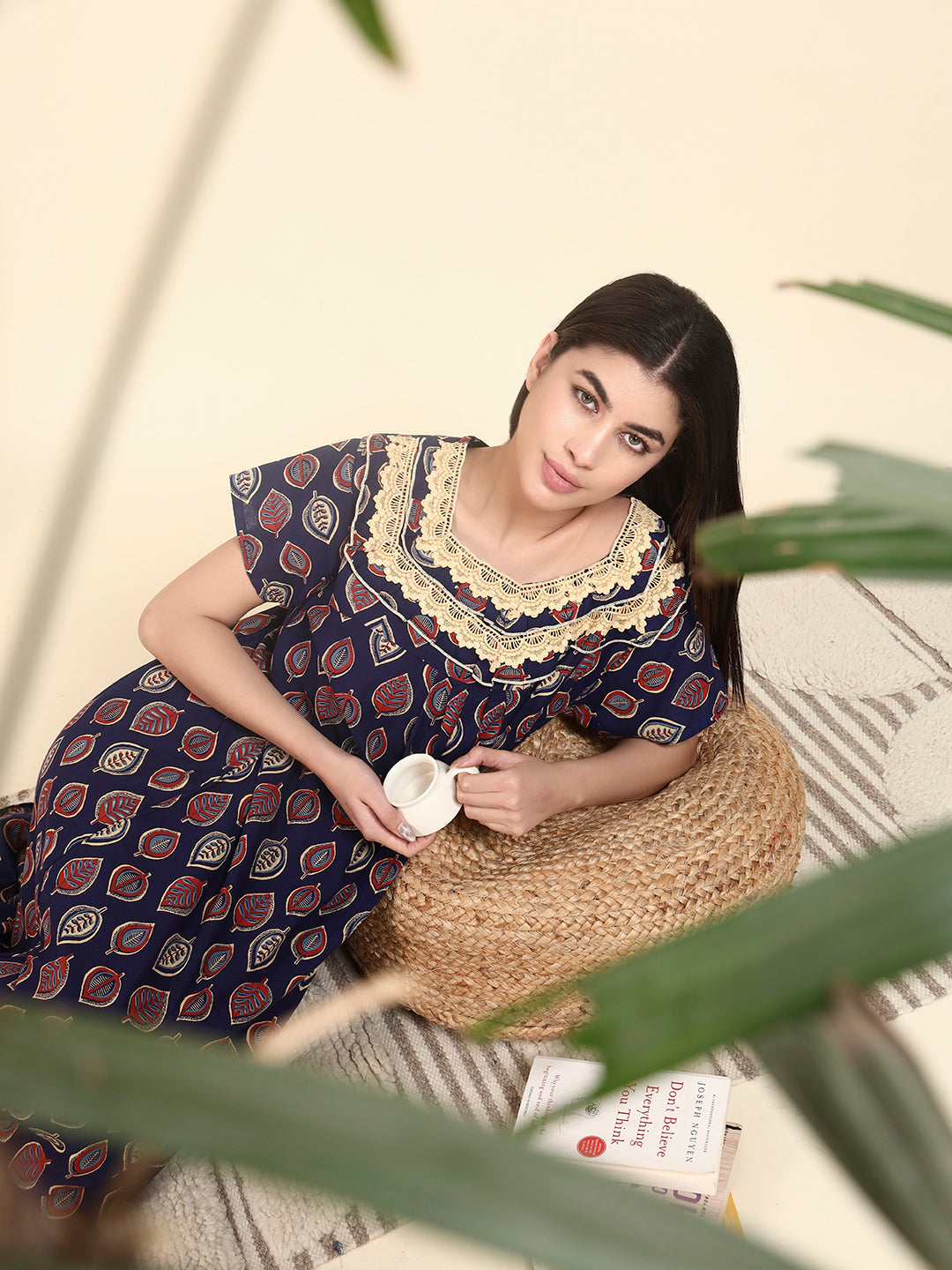 🌿 Navy Blue Printed Night Gown with Lace Yoke – Stylish & Comfortable Nightwear