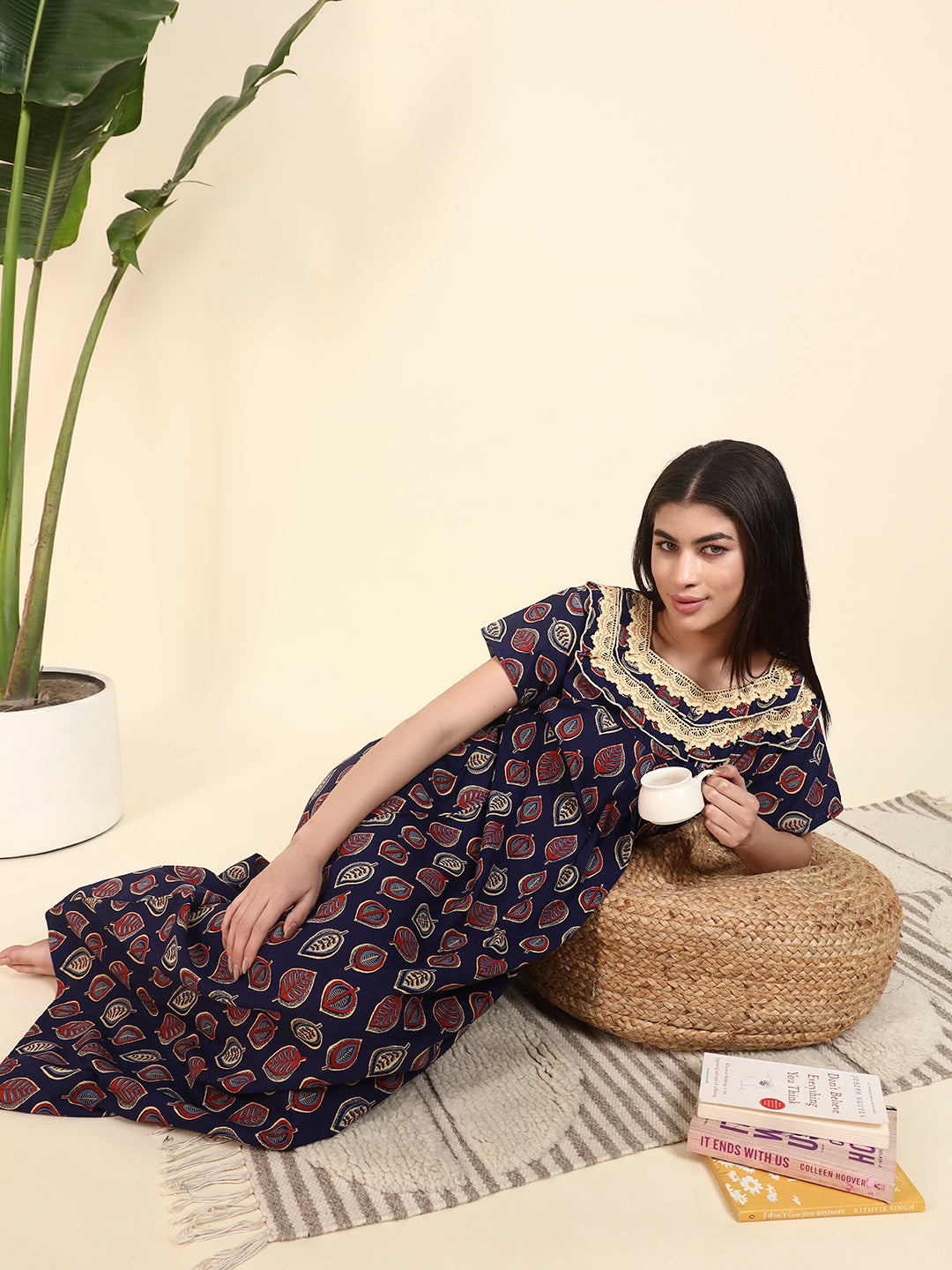 🌿 Navy Blue Printed Night Gown with Lace Yoke – Stylish & Comfortable Nightwear