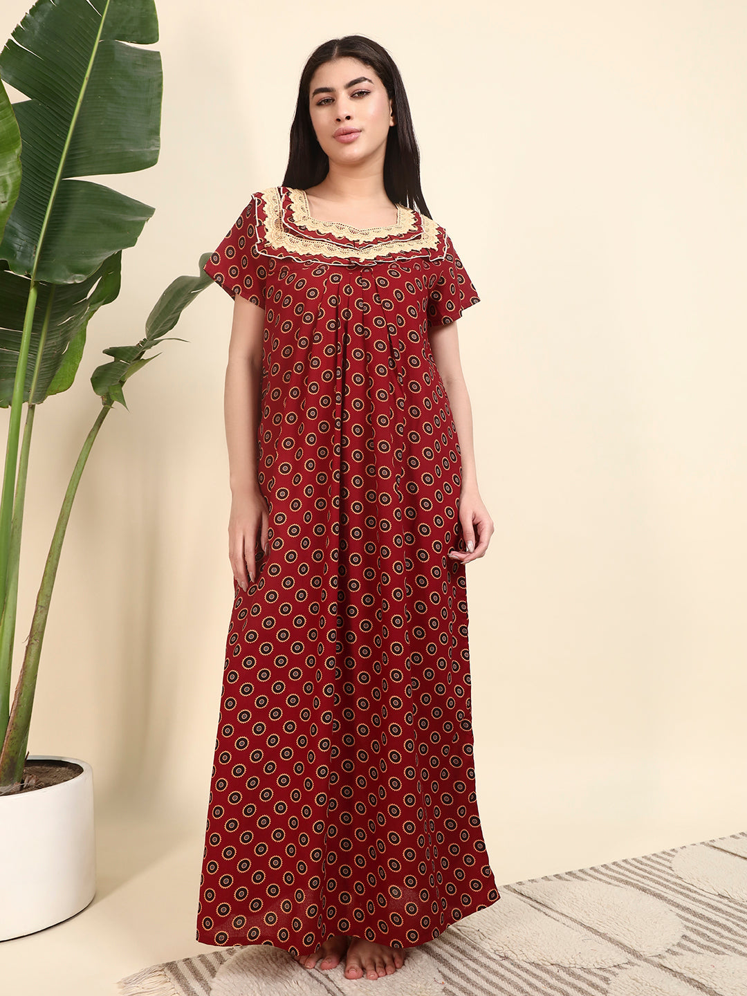 ❤️ Maroon Printed Cotton Night Gown with Lace Yoke – Comfortable Maxi Nightwear