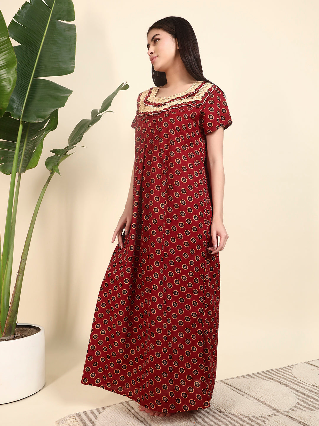 ❤️ Maroon Printed Cotton Night Gown with Lace Yoke – Comfortable Maxi Nightwear