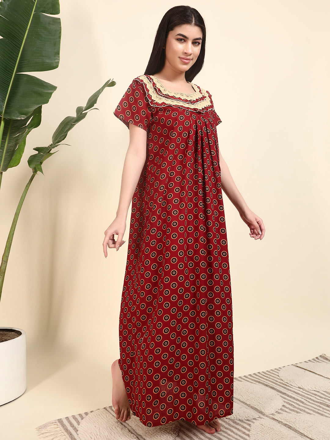 ❤️ Maroon Printed Cotton Night Gown with Lace Yoke – Comfortable Maxi Nightwear