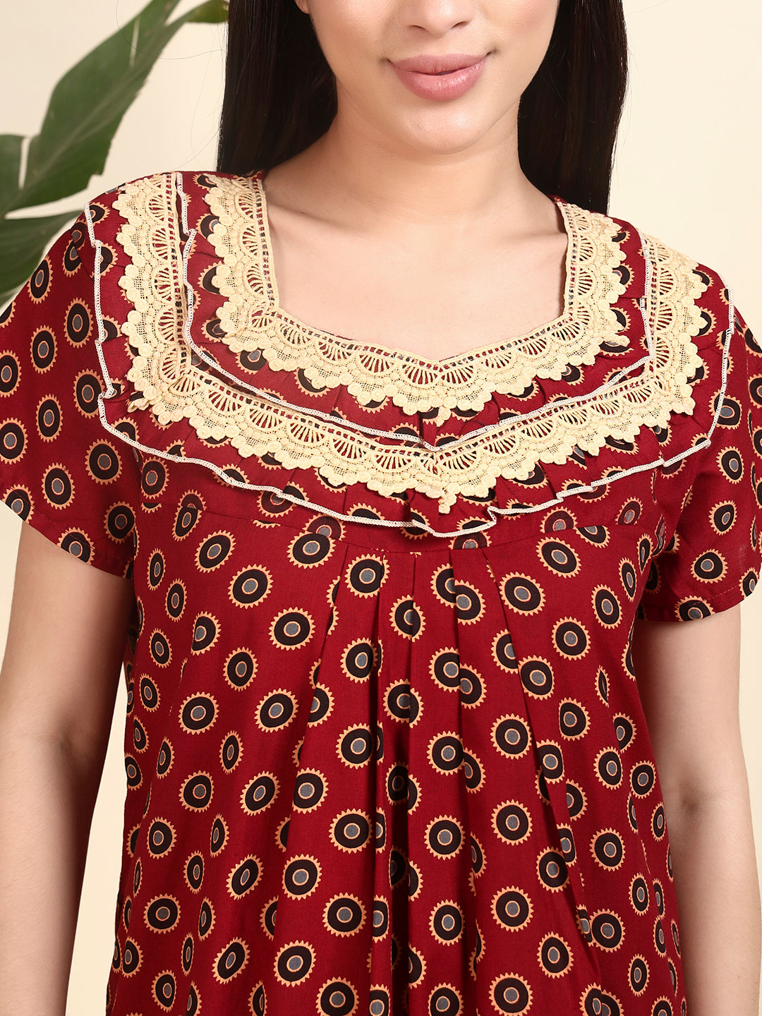 ❤️ Maroon Printed Cotton Night Gown with Lace Yoke – Comfortable Maxi Nightwear