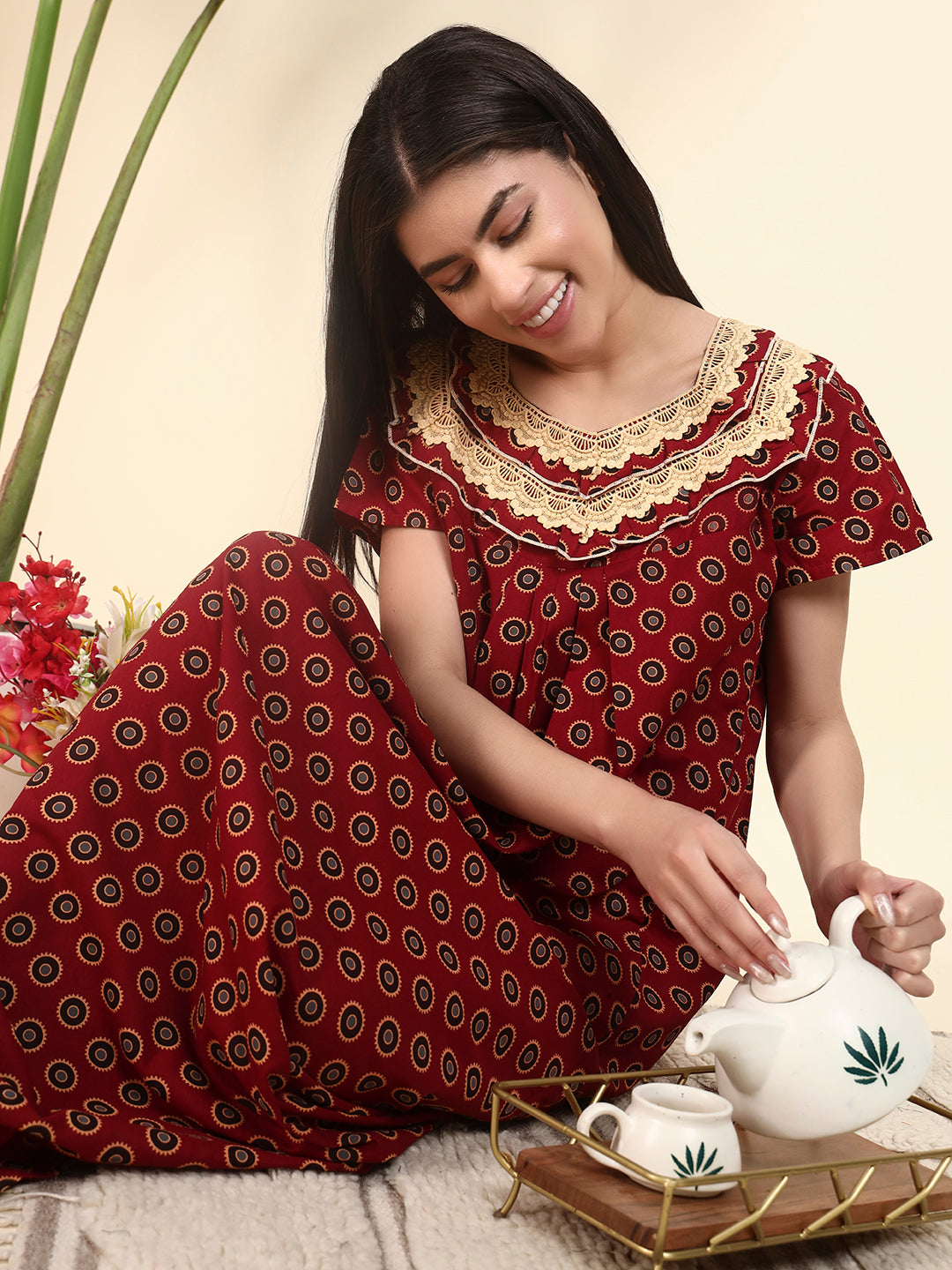 ❤️ Maroon Printed Cotton Night Gown with Lace Yoke – Comfortable Maxi Nightwear