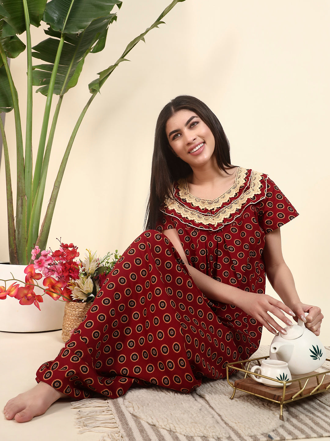 ❤️ Maroon Printed Cotton Night Gown with Lace Yoke – Comfortable Maxi Nightwear