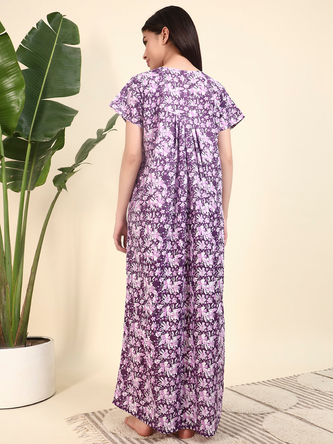 Purple Floral Printed Night Gown – Stylish & Comfortable Nightwear