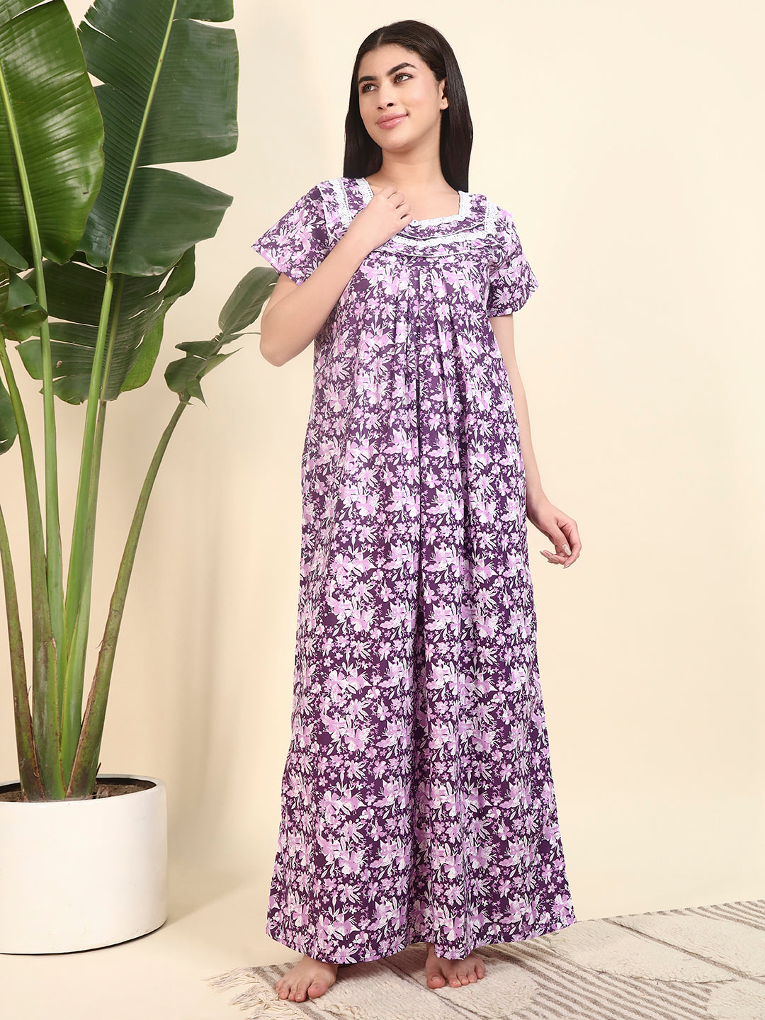Purple Floral Printed Night Gown – Stylish & Comfortable Nightwear