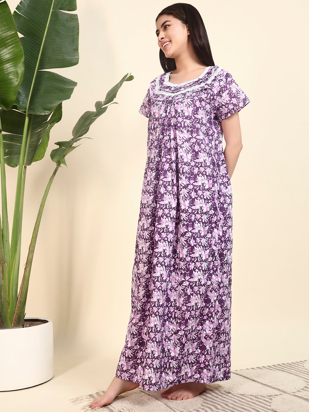 Purple Floral Printed Night Gown – Stylish & Comfortable Nightwear