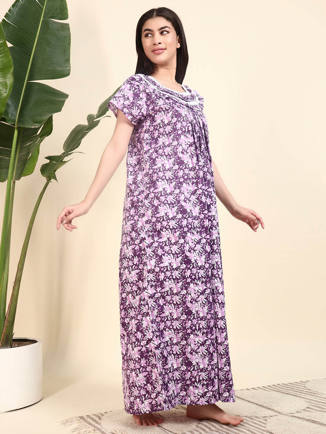 Purple Floral Printed Night Gown – Stylish & Comfortable Nightwear