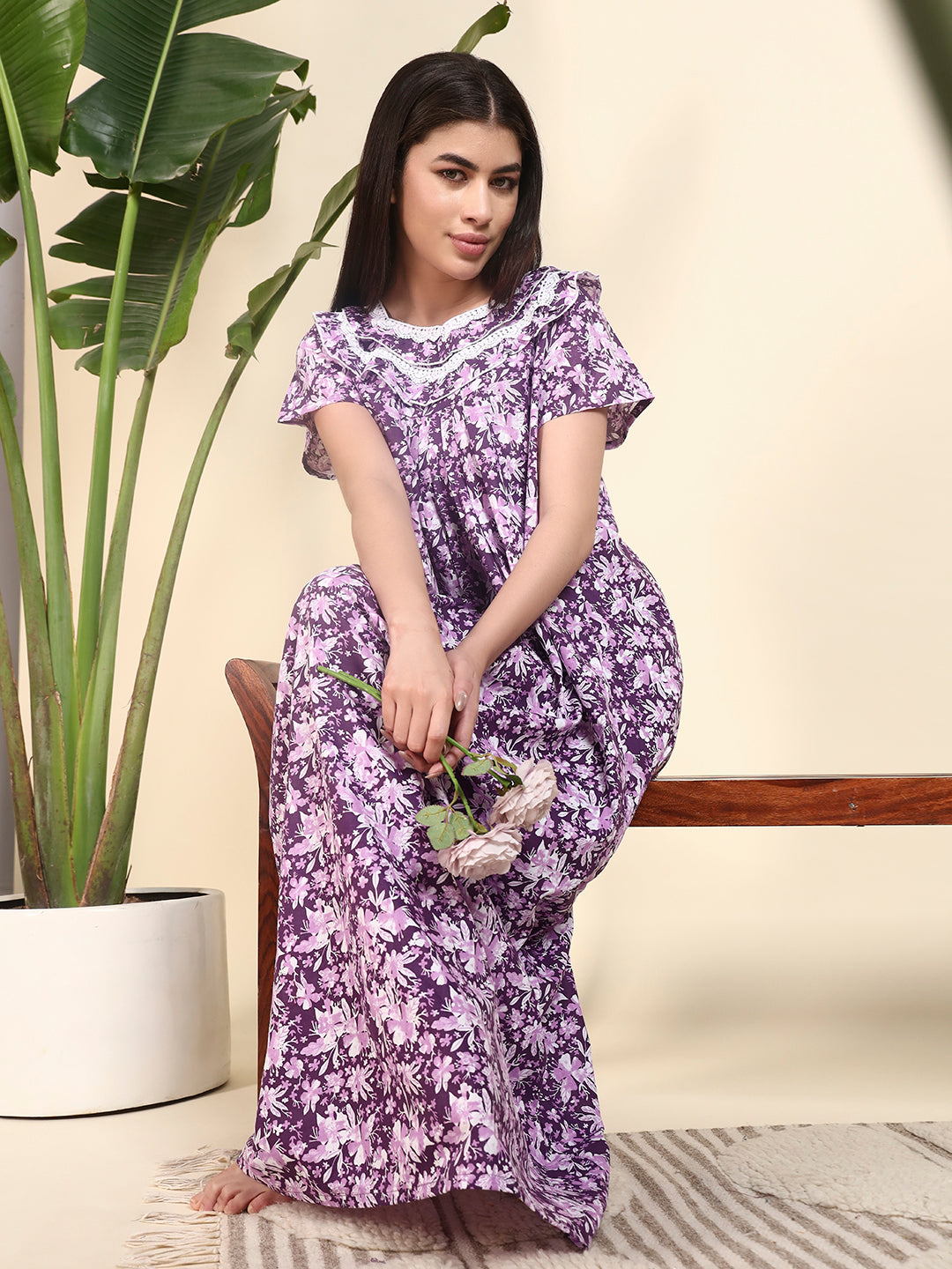 Purple Floral Printed Night Gown – Stylish & Comfortable Nightwear