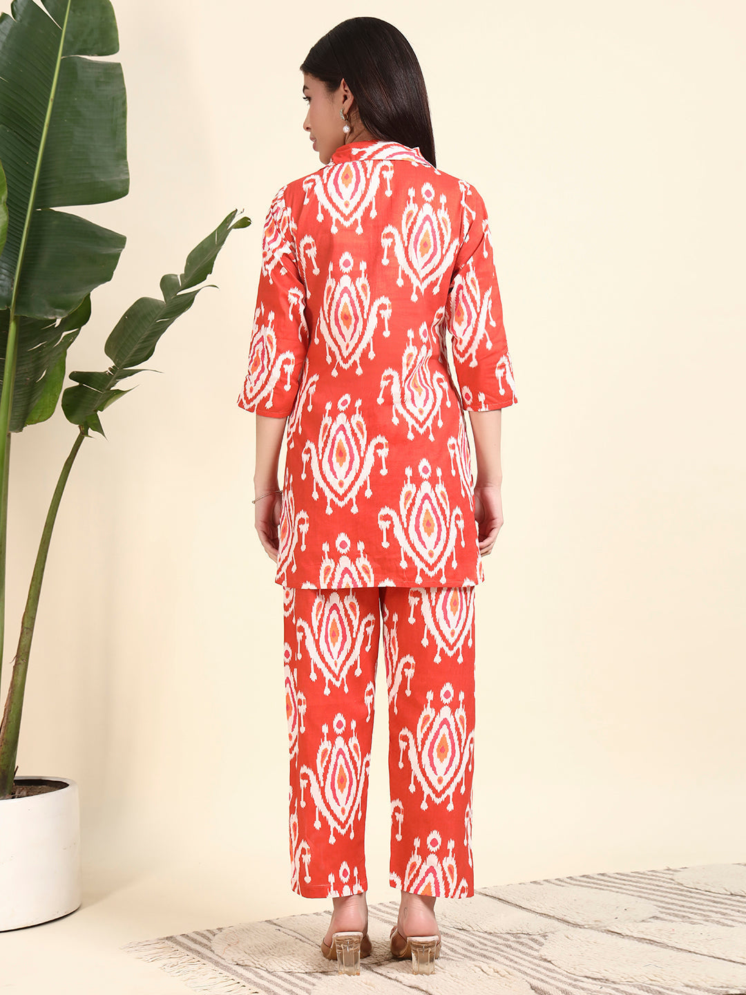 Red Ikat Printed Kurta & Pant Co-Ord Set for Women