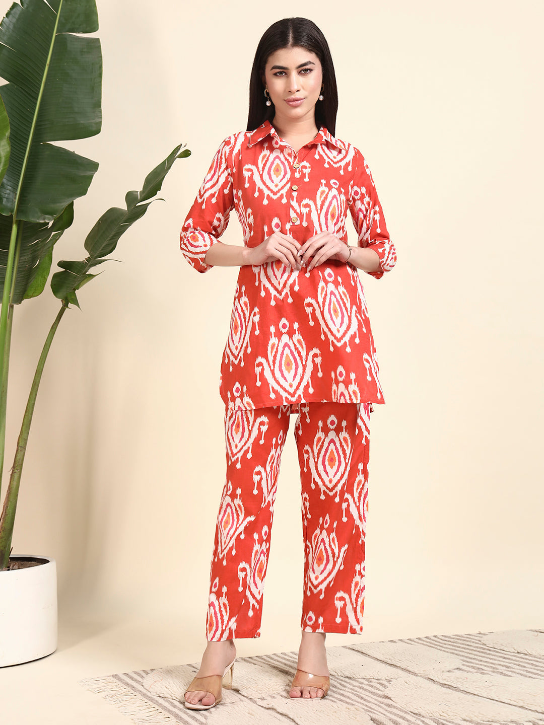 Red Ikat Printed Kurta & Pant Co-Ord Set for Women