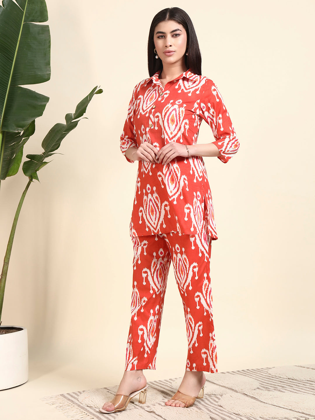 Red Ikat Printed Kurta & Pant Co-Ord Set for Women