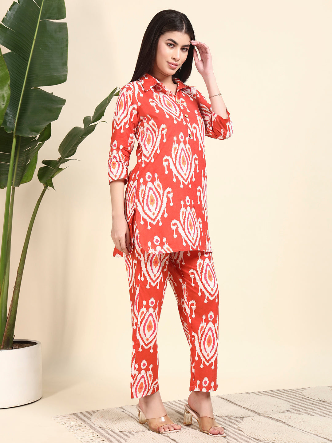 Red Ikat Printed Kurta & Pant Co-Ord Set for Women