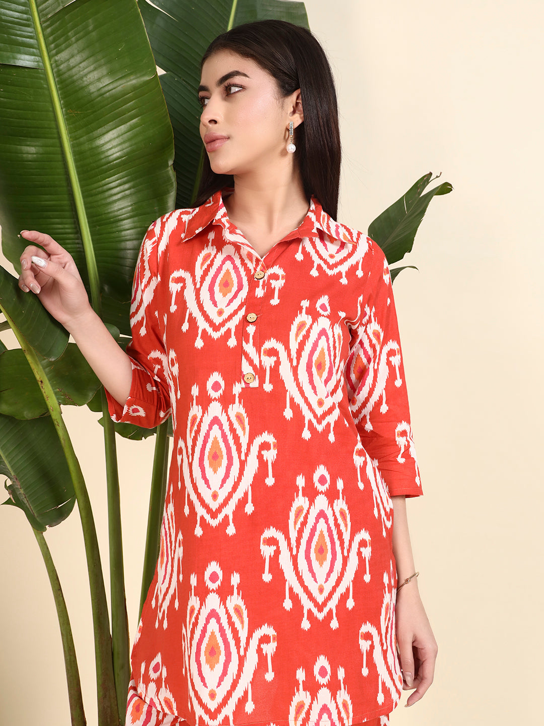 Red Ikat Printed Kurta & Pant Co-Ord Set for Women