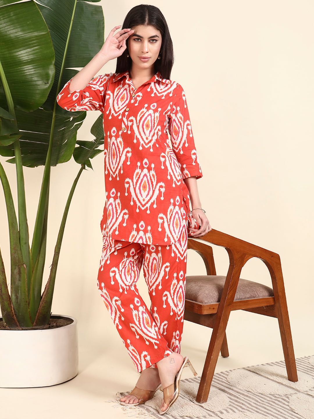Red Ikat Printed Kurta & Pant Co-Ord Set for Women