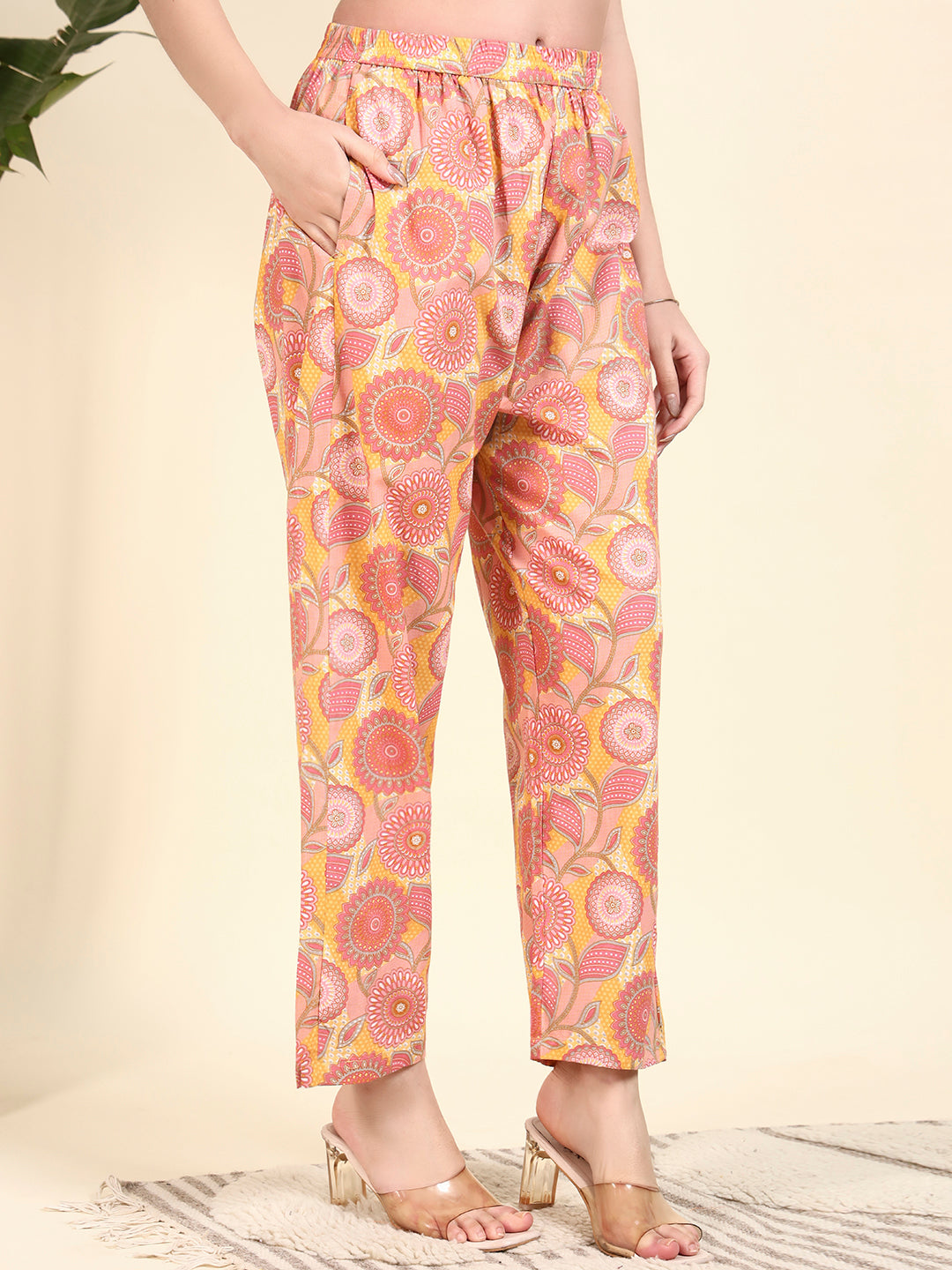 Women’s Peach Floral Printed Kurta Set with Pants