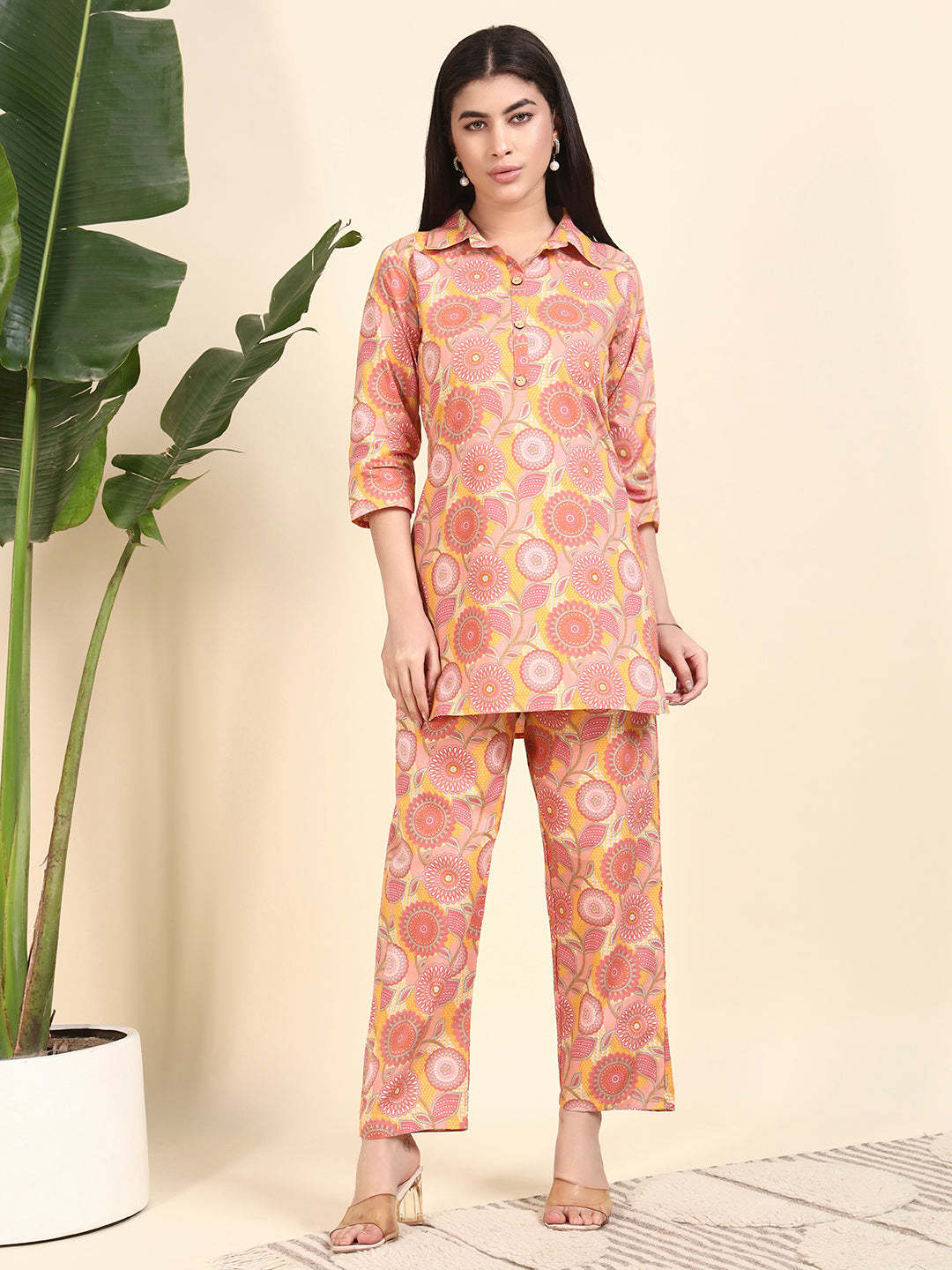 Women’s Peach Floral Printed Kurta Set with Pants