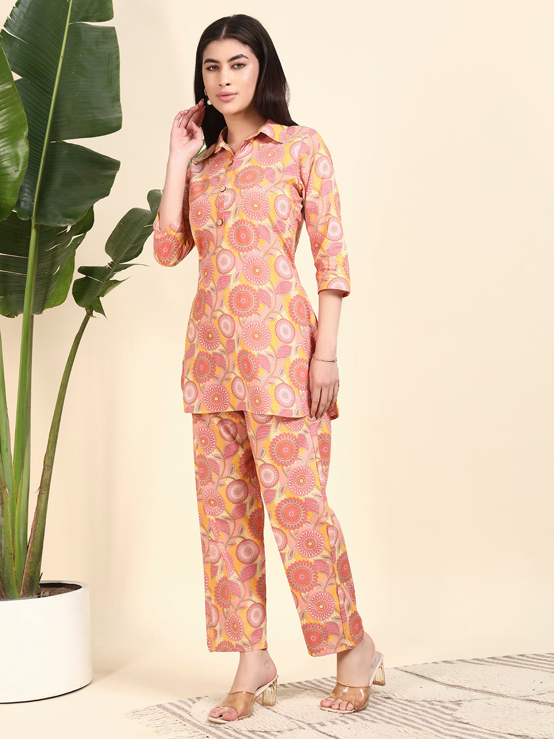 Women’s Peach Floral Printed Kurta Set with Pants