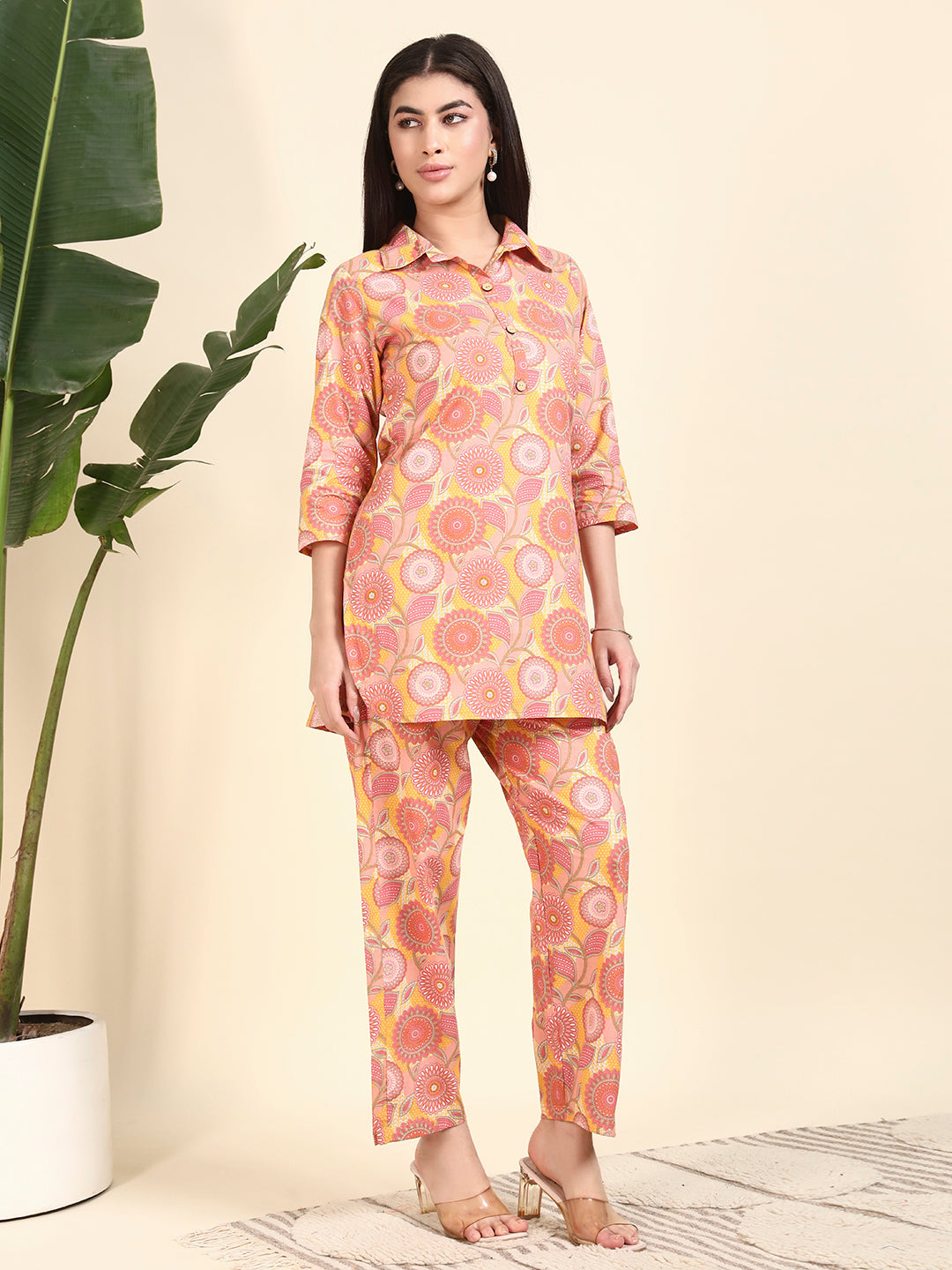 Women’s Peach Floral Printed Kurta Set with Pants