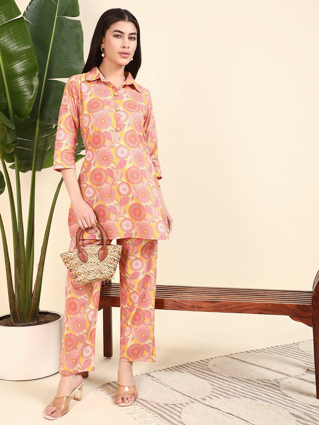 Women’s Peach Floral Printed Kurta Set with Pants