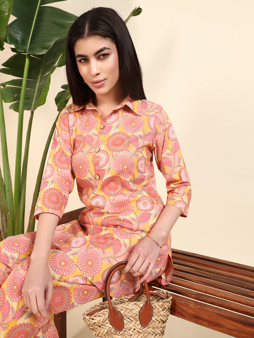 Women’s Peach Floral Printed Kurta Set with Pants