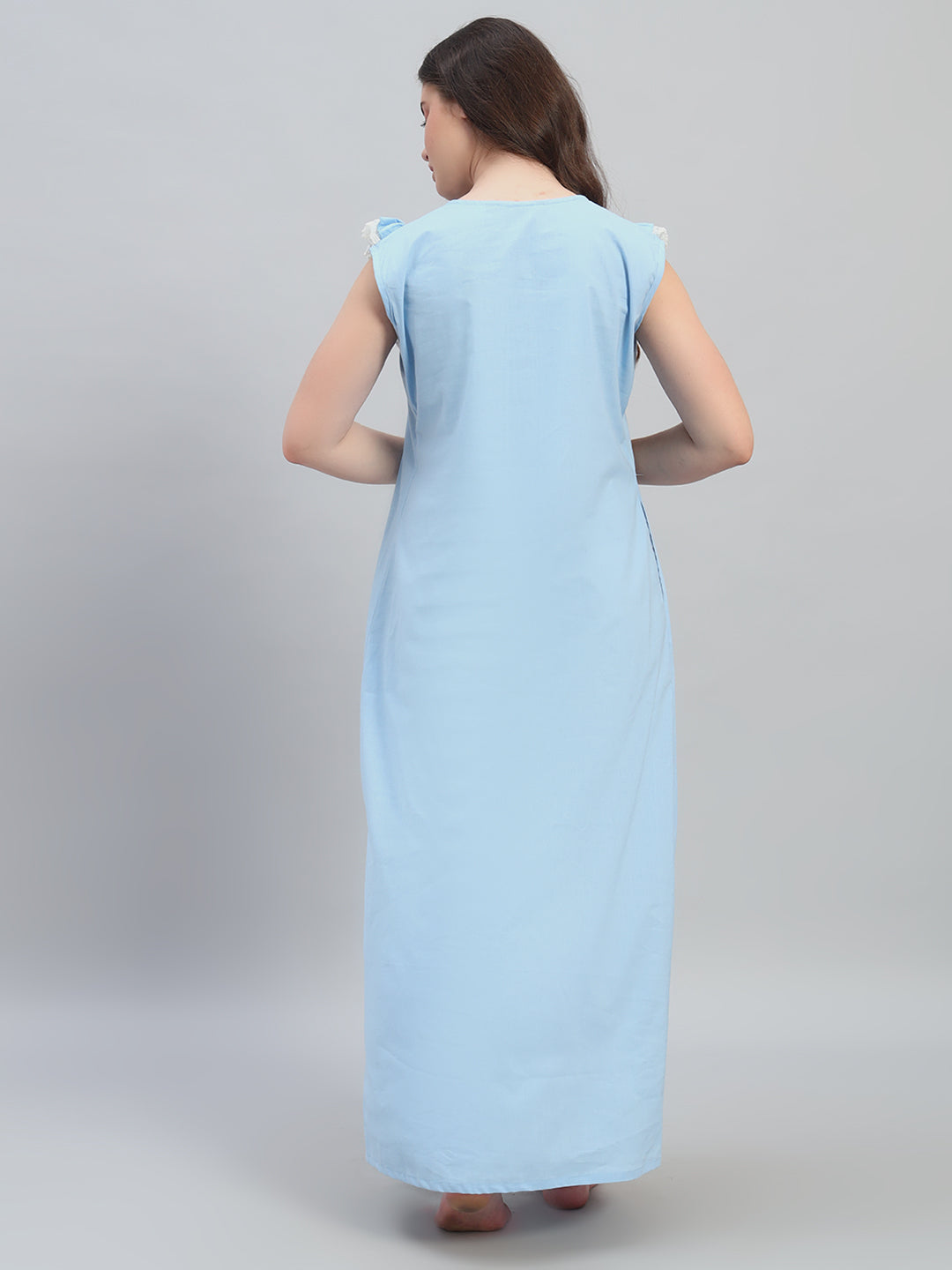 💙 Sky Blue Cotton Maxi Night Gown for Women – Sleeveless Lace Yoke Comfortable Nightwear