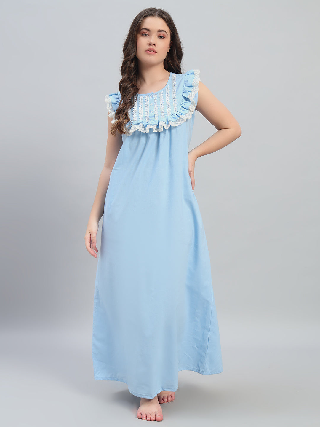 💙 Sky Blue Cotton Maxi Night Gown for Women – Sleeveless Lace Yoke Comfortable Nightwear