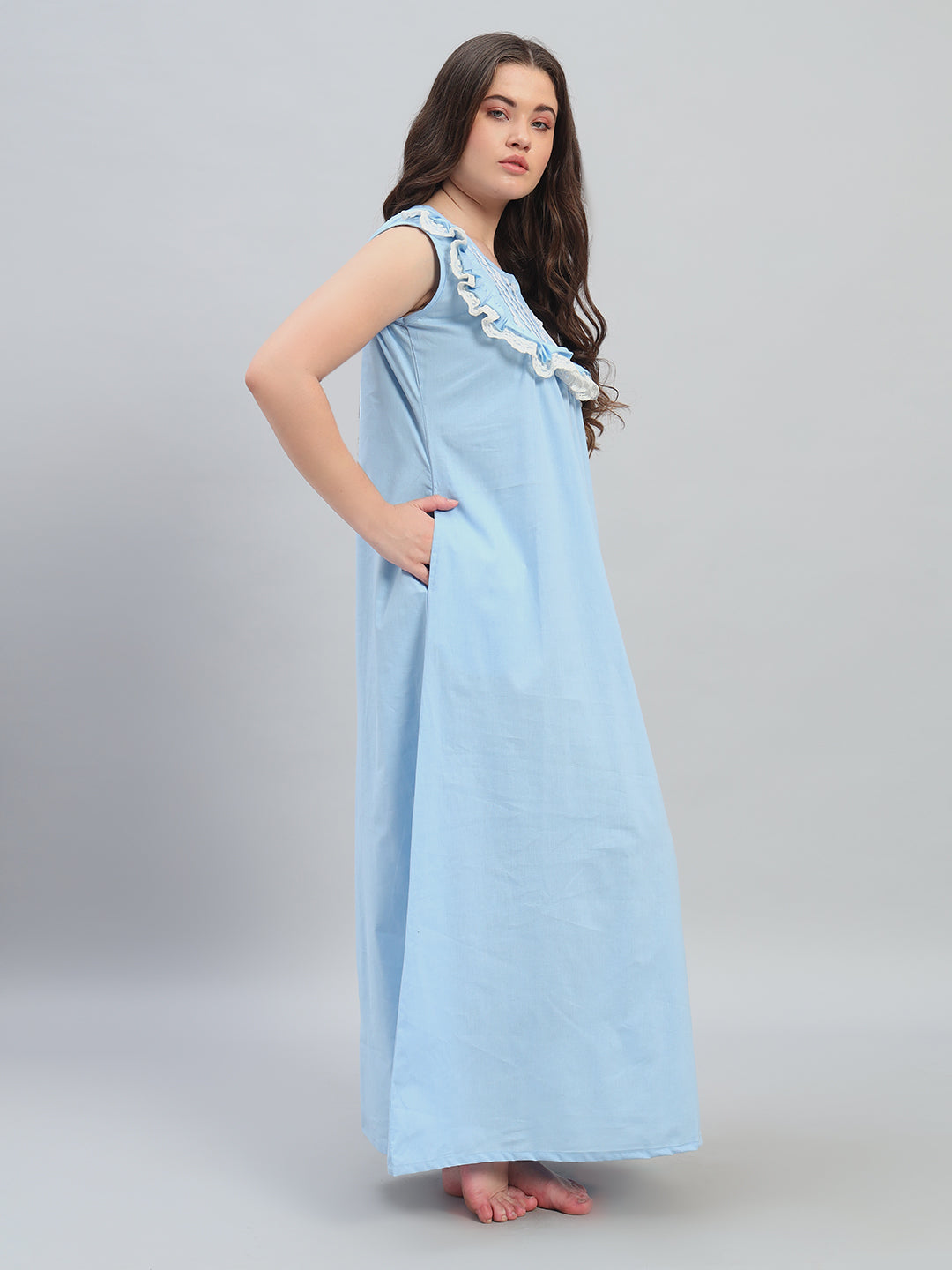 💙 Sky Blue Cotton Maxi Night Gown for Women – Sleeveless Lace Yoke Comfortable Nightwear