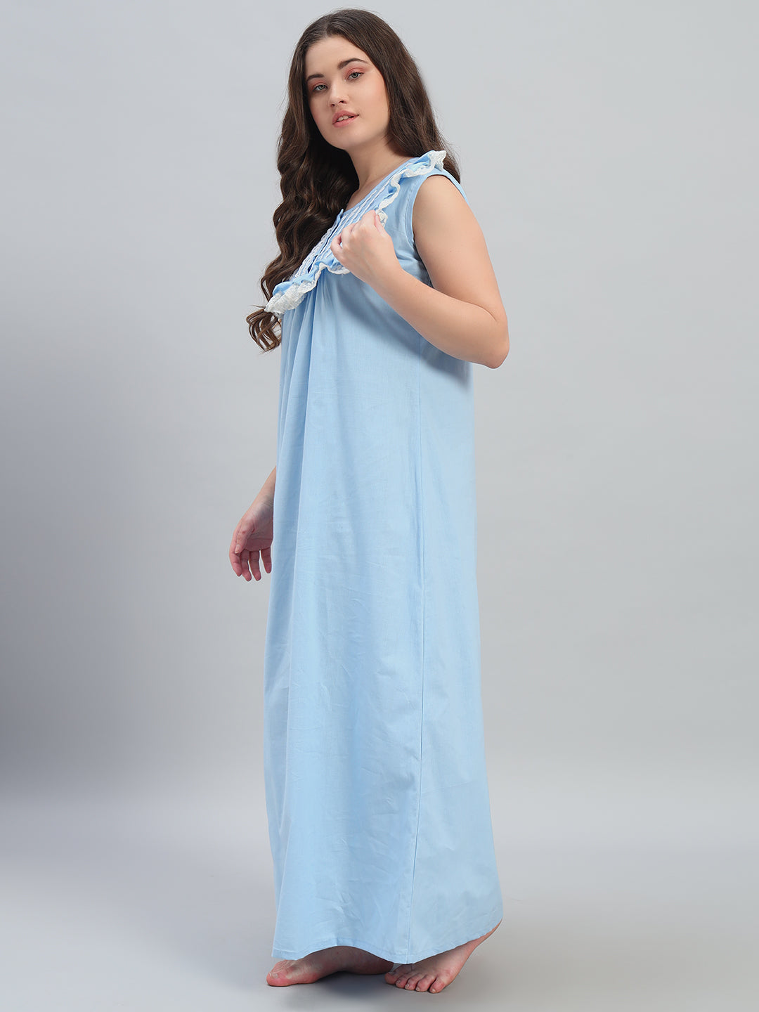 💙 Sky Blue Cotton Maxi Night Gown for Women – Sleeveless Lace Yoke Comfortable Nightwear