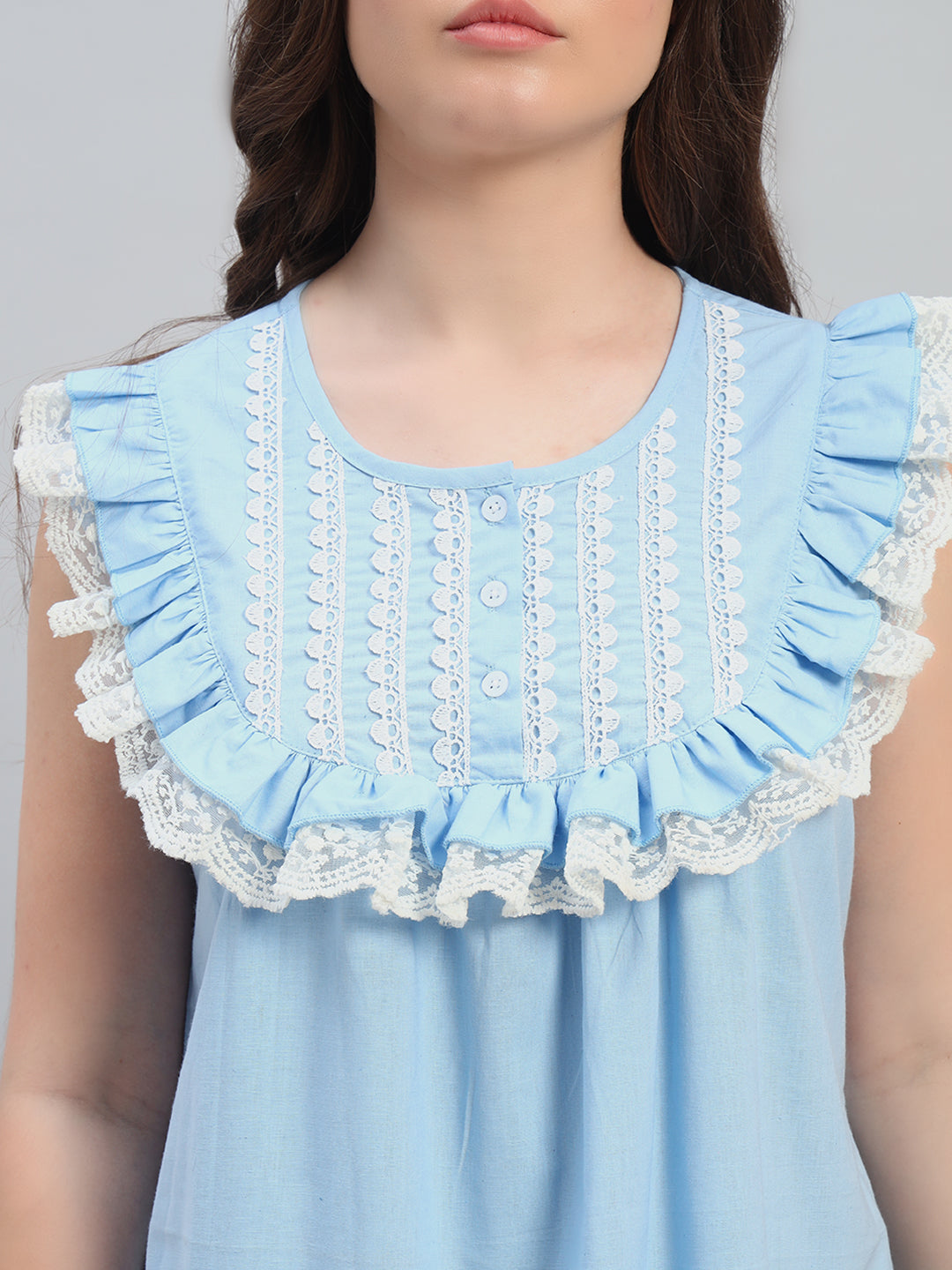 💙 Sky Blue Cotton Maxi Night Gown for Women – Sleeveless Lace Yoke Comfortable Nightwear