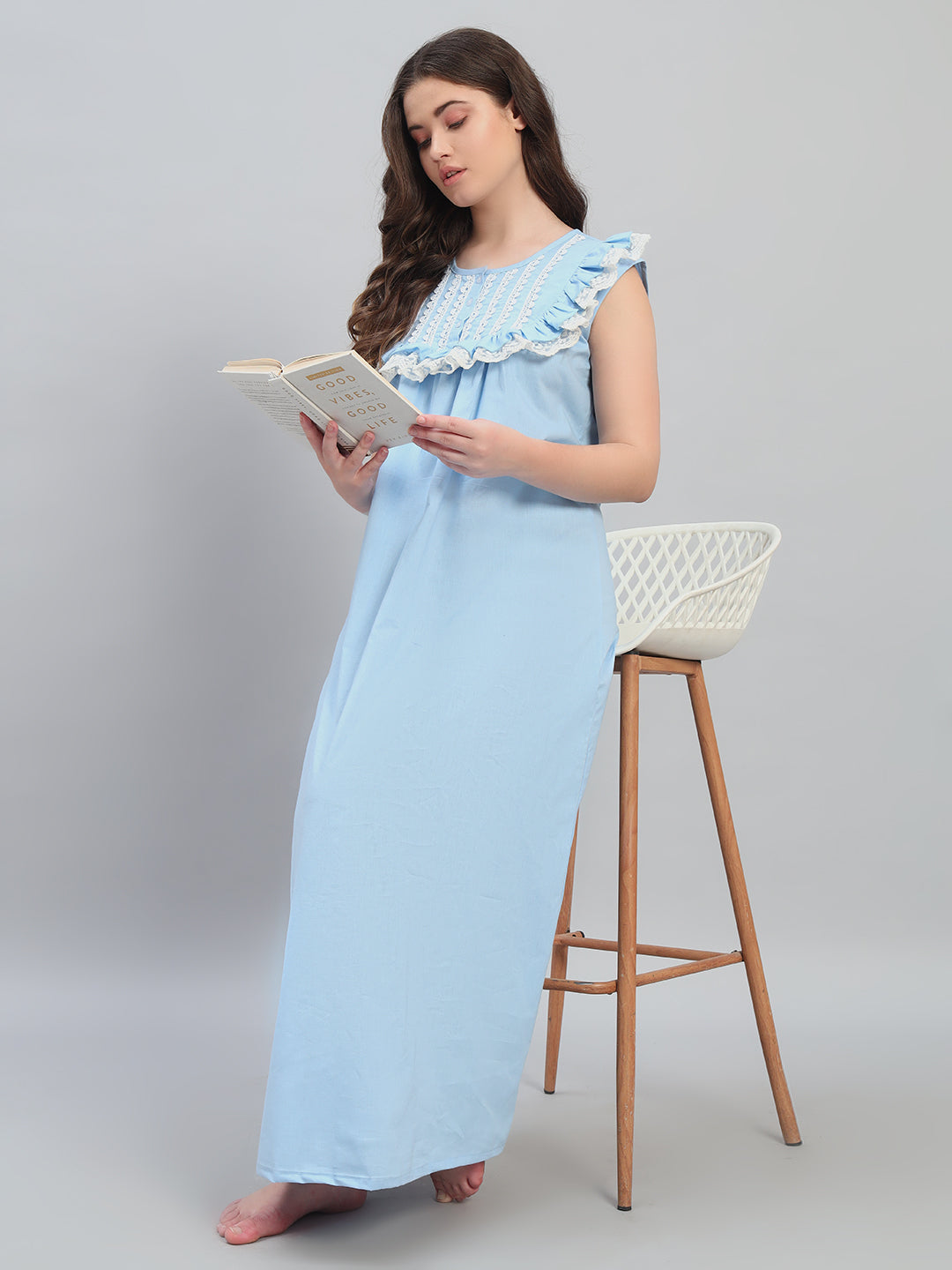 💙 Sky Blue Cotton Maxi Night Gown for Women – Sleeveless Lace Yoke Comfortable Nightwear