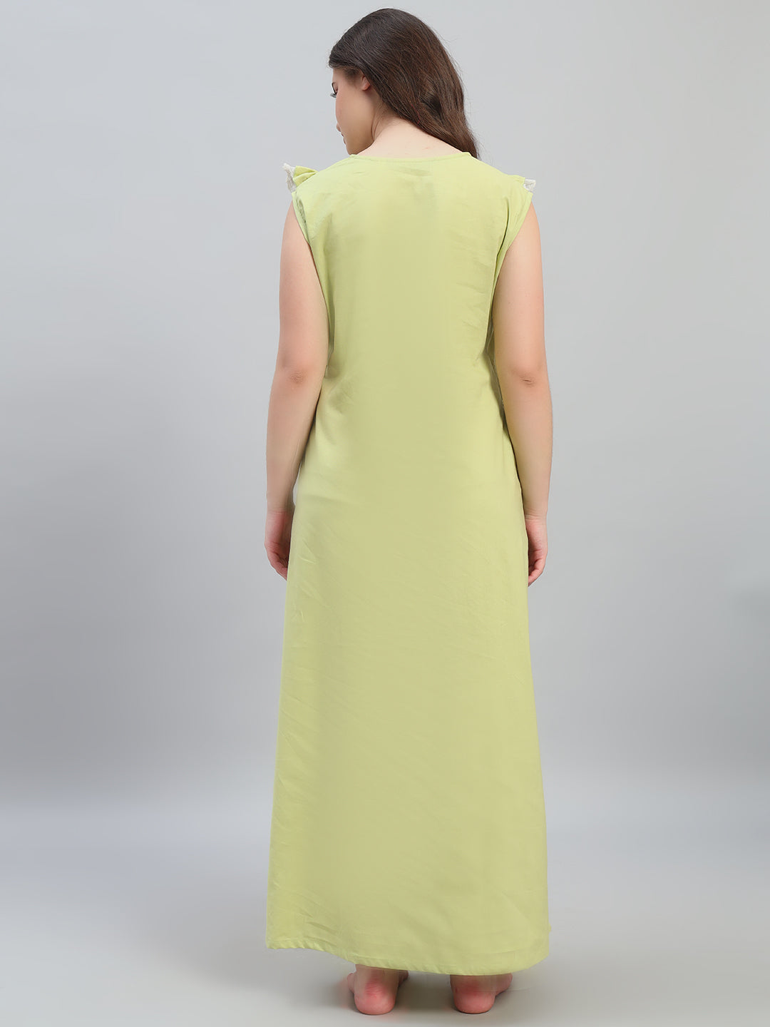 💚 Lime Green Cotton Maxi Night Gown for Women – Sleeveless Lace Yoke Comfortable Nightwear