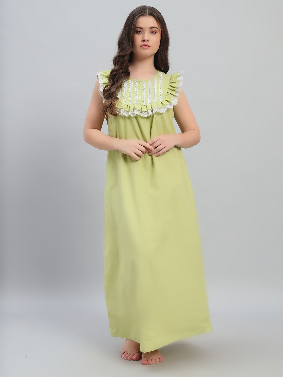 💚 Lime Green Cotton Maxi Night Gown for Women – Sleeveless Lace Yoke Comfortable Nightwear