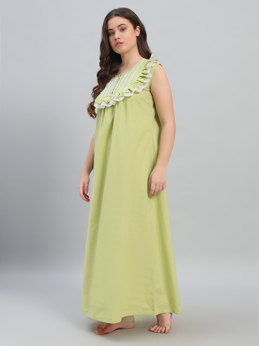 💚 Lime Green Cotton Maxi Night Gown for Women – Sleeveless Lace Yoke Comfortable Nightwear